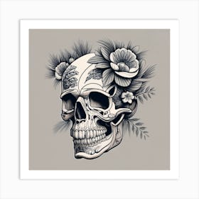 Long Vertical Tattoo Flash Design Of A Skull Wit Art Print