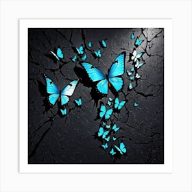 Blue Butterflies On A Cracked Wall, Butterflies Emerging From A Cracked Dark Wall Representing Transformation And Hope Butterfly - Butterfly Stock Videos & Royalty-Free Footage Art Print