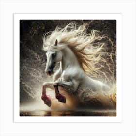 White Horse Running In Water 1 Art Print