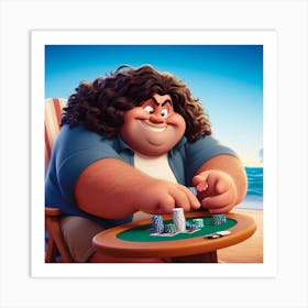 Fat man plays poker in the beach Art Print