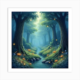 Whimsical Watercolor Glade With Glowing Fireflies 1 Art Print