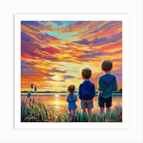 Sunset With Kids Art Print