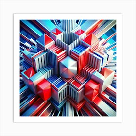 Abstract Metallic Geometric Structure With Red, Blue, And Silver Elements 1 Art Print