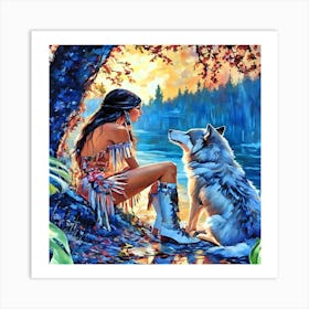 Indian Woman And Wolf-Drucke 09.12.2024--17285061 Art Print