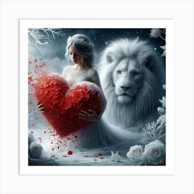 Lion And Woman Holding A Heart Art Print