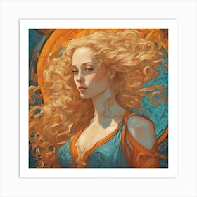 An Illustration Of A Woman In Costume With Long Curly Blonde Hair, In The Style Of Neon Art Nouvea Art Print