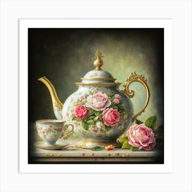 A very finely detailed Victorian style teapot with flowers, plants and roses in the center with a tea cup 15 Art Print