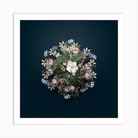 Vintage Stewartia Tree Flower Wreath on Teal Blue n.1636 Art Print