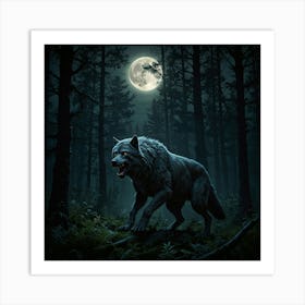 Wolf In The Forest At Night Art Print