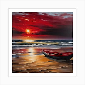 Red Boat At Sunset Art Print