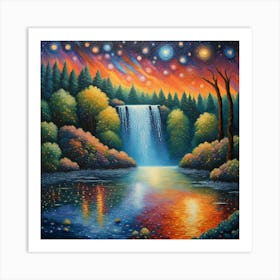 Enchanted Forest Waterfall - Surreal Sunset Landscape Canvas Print | Starlit Sky Reflection Home Decor wallArt Art Print