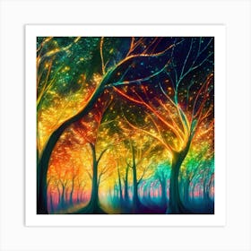 A captivating scene of trees that appear to be alive, with twinkling lights and vibrant 14 Art Print