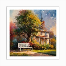 watercolor drawing of a house with a bench in front of it and a tree in the background with a light on Art Print