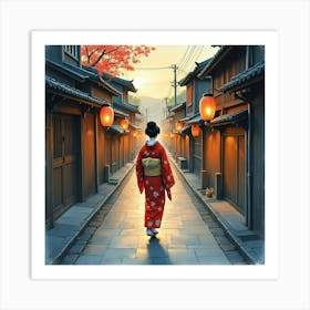 Japanese Geisha Gracefully Walking Through A Lantern Lit Street At Dusk, Watercolor Art Print