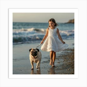 Little Girl With Pug On Beach Art Print