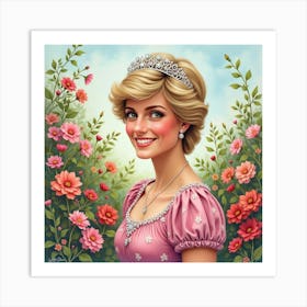 Smiling Princess Diana With A Rich Watercolor Garden Full Of Flowers Art Print