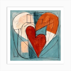 Abstract Chalk Blue & Burnt Orange Heart 1 Art Print