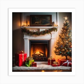 Christmas Tree In Front Of Fireplace 11 Art Print