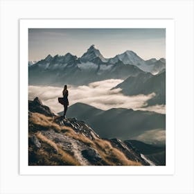 Person Standing On Top Of Mountain Art Print