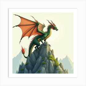 Ancient Dragon Perched On A Mystical Peak, Watercolor 1 Art Print