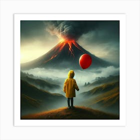 It'S A Day a boy wearing a yellow rain coat holding a red ballon, standing in front of a smokey volcano, digital art. Art Print