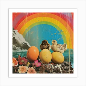 Rainbow Retro Collage Chicks & Eggs 3 Art Print