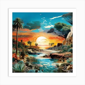 Sunset In The Desert, A Vibrant Collage Of Different Ecosystems Deserts Forests Oceans Seamlessly Blending Together 2 Art Print