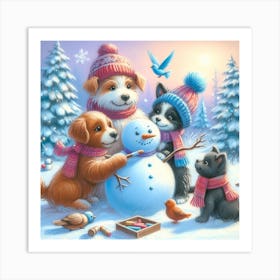 Snowman With Dogs Art Print