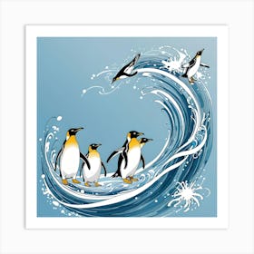 Penguins In The Sea, White, Black, Yellow And Blue Art Print