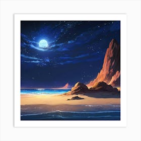 Moonlit Beach With Towering Rocks Under a Starry Night Sky Art Print