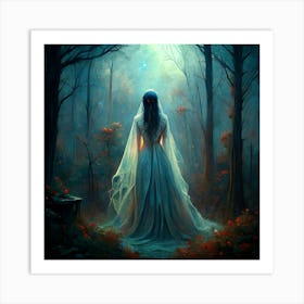 Woman In White Wedding Dress Walking In Dark Forest 1 Art Print