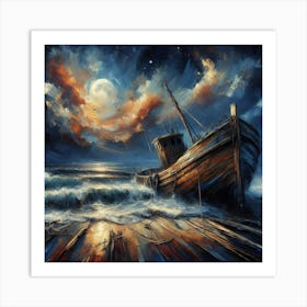 Forgotten Fishing Boat: Moonlit Waves Tale in Greg Rutkowski's Oil Painting – Bold Strokes & Studio Photo with Sharp Focus. Trending on ArtStation for Moon Sky Stylization, Intricate Details, and Highly Detailed Artistry. Art Print