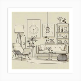 Minimalist Line Art Of Mid Century Furniture Pieces Arranged In A Stylish Living Room Setting, Style Line Drawing 1 Art Print