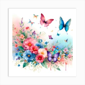 Flowers And Butterflies 1 Art Print