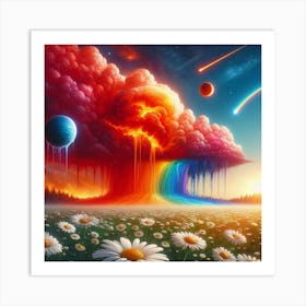 A Red Cloud, Blue Rainbow And Fiery Planets Melting Over A Field Of Daisies Art Print