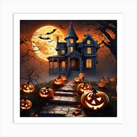 Halloween House With Pumpkins Art Print