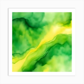 Beautiful green yellow abstract background. Drawn, hand-painted aquarelle. Wet watercolor pattern. Artistic background with copy space for design. Vivid web banner. Liquid, flow, fluid effect. 1 Art Print