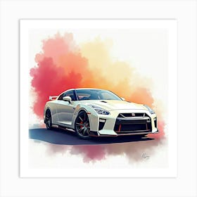 Nissan Gt R Nismo Amidst A Colorful Watercolor Setting, No Signature Or Logo 1 Art Print