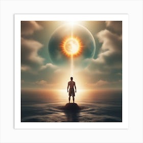 Human Standing Tall Holding A Sun And Moon And The Sea Water With His Body Power Art Print