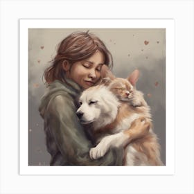 Girl Hugging A Dog Art Print