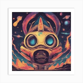 A Retro Style Alien Space, With Colorful Exhaust Flames And Stars In The Background Art Print