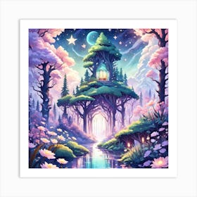 A Fantasy Forest With Twinkling Stars In Pastel Tone Square Composition 149 Art Print