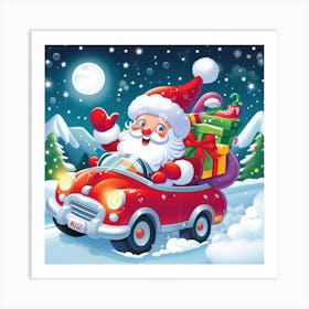 Santa Claus In A Car Full Of Christmas Gifts Illustration Art Print