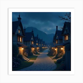 Charming Village Scene With Soft, Glowing Lanterns At Night 1 Art Print