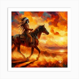 Oil Texture Native American Indian Riding On Prarie 2 Art Print