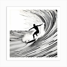 Linocut Black And White Surfer On A Wave art, surfing art, 4 Art Print