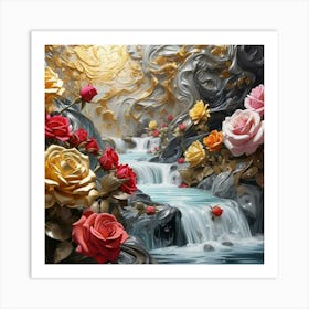 Roses And Waterfall Art Print