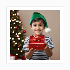 Boy Holding Christmas Gift 1 Art Print