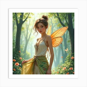 Trendy Woman In Watercolor Outfit, Enchanting Fairy Forest 1 Art Print