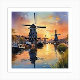 Sketching Amsterdam S Windmills At Sunset, Capturing The Essence Of Dutch Life Style Windmill Sunset Impressionism Art Print 1 Art Print